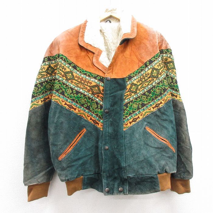 XL/古着 長袖 スエード レザー ジャケット メンズ 緑他 グリーン 内側ファー 25jan22 中古 アウター 革ジャン 皮ジャン
