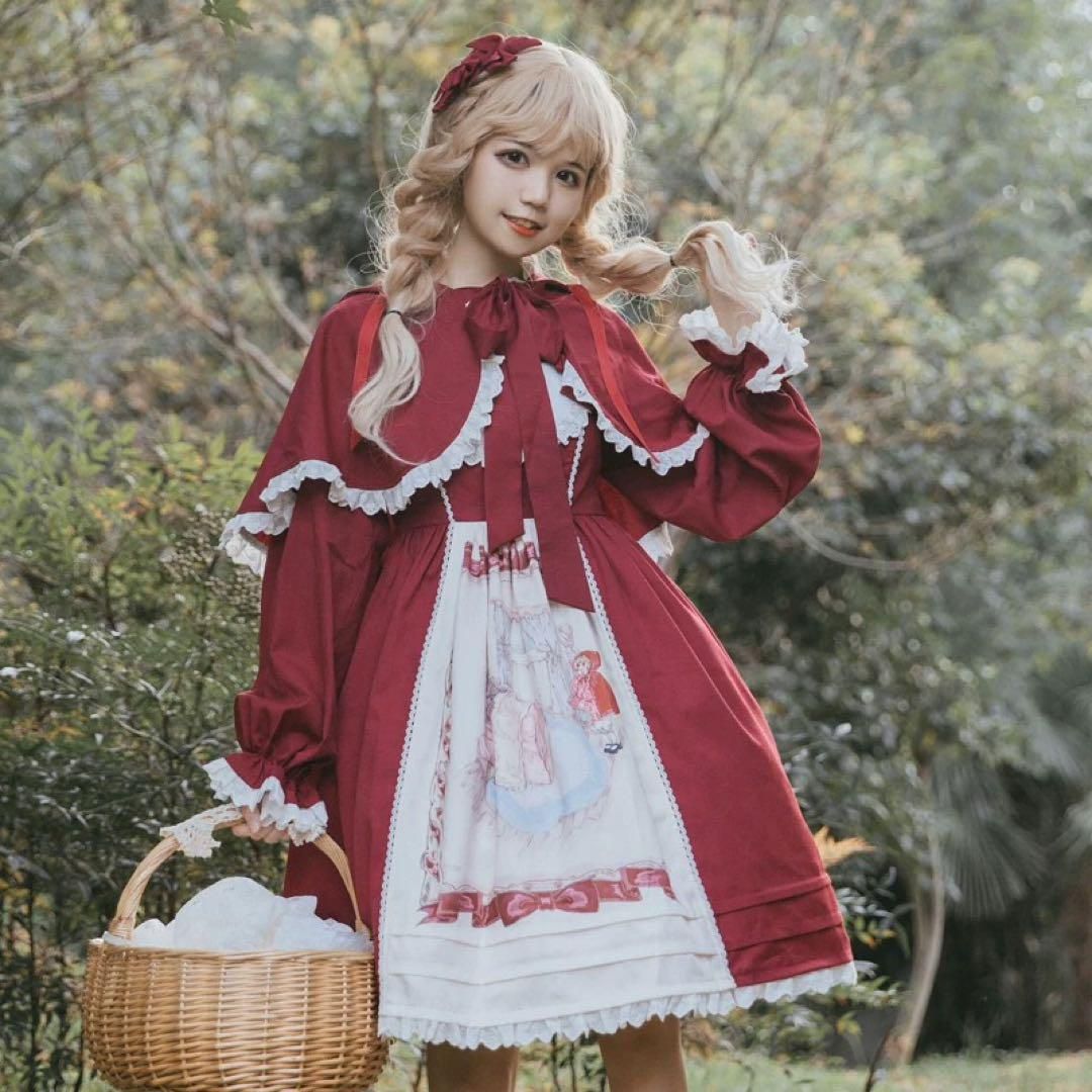 ロリータ 赤ずきん風クラシカルワンピース 赤×白 フード付きケープセット♪♪