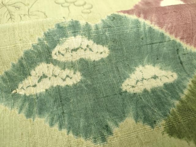 平和屋着物○生紬 訪問着 絞り 手描き 葡萄蔦の葉菱文 正絹 逸品