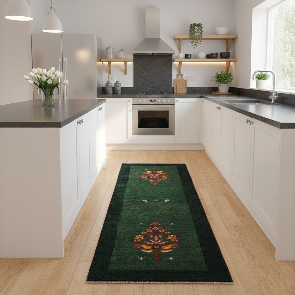 ペルシャ ギャッベ ランナー大 リビング 廊下敷 ラグ 195x70cm 花 緑色 RJ13839