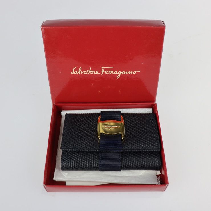 Salvatore Ferragamo サルヴァトーレ フェラガモ キーケース 22 3056 リザード型押し レザー ネイビー ゴールド金具 ヴァラ 6連 【本物保証】