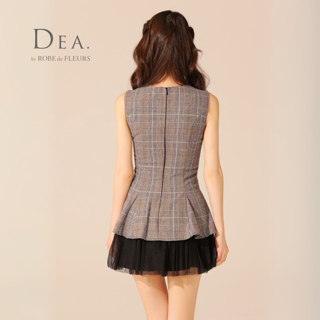  DEA. by ROBE de FLEURS ディアバイローブドフルール ミニドレス 3477 チェックノースリーブベルトデザインチュールミニキャバドレス Brown ナイトドレス キャバドレス ドレス ブライダル