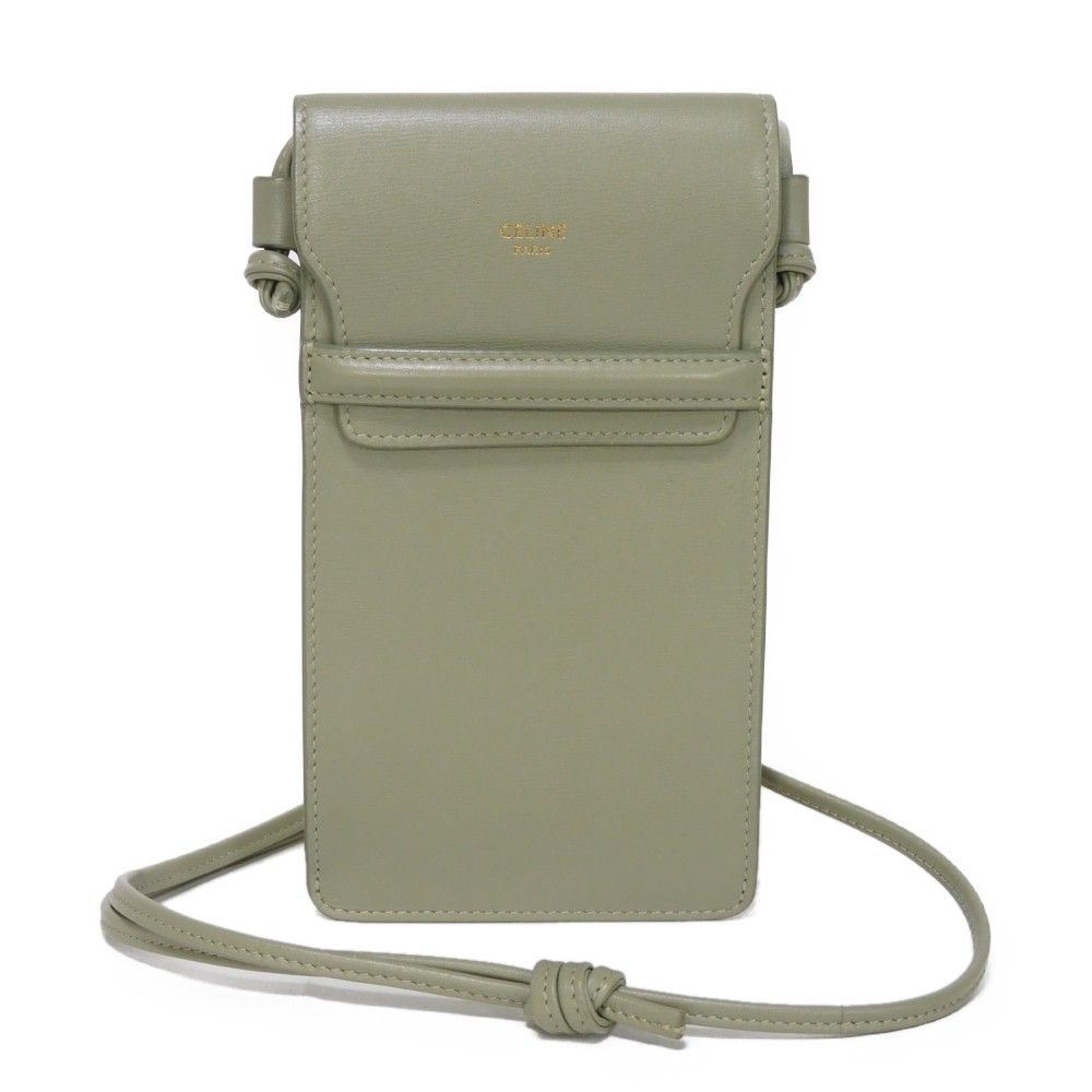 CELINE セリーヌ モバイル ポーチ 箔押し カーキ グレー フォンポーチ ショルダー ストラップ 新ロゴ グリーンクレイ スマホケース
