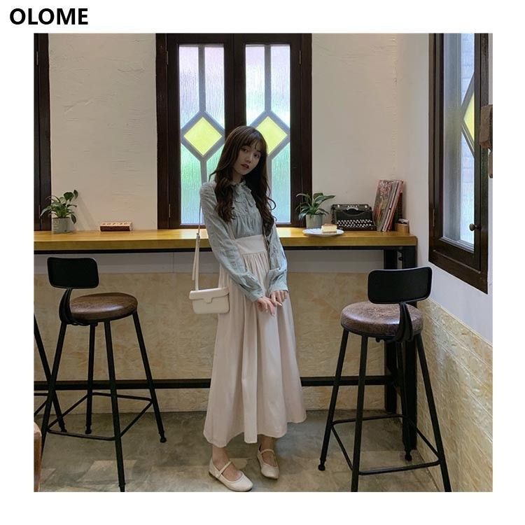  2点セット ワンピースドレス レディース 春秋 マキシ丈 つりスカート 長袖 ブラウス リボンネック ロング丈ワンピース きれいめ 韓国風 着痩せ オシャレ リネン photo 38366 エプロン キッズファッション小物