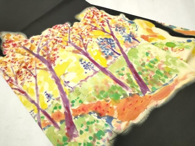 平和屋着物○塩瀬 九寸名古屋帯 手描き 樹林文 黒地 正絹 逸品