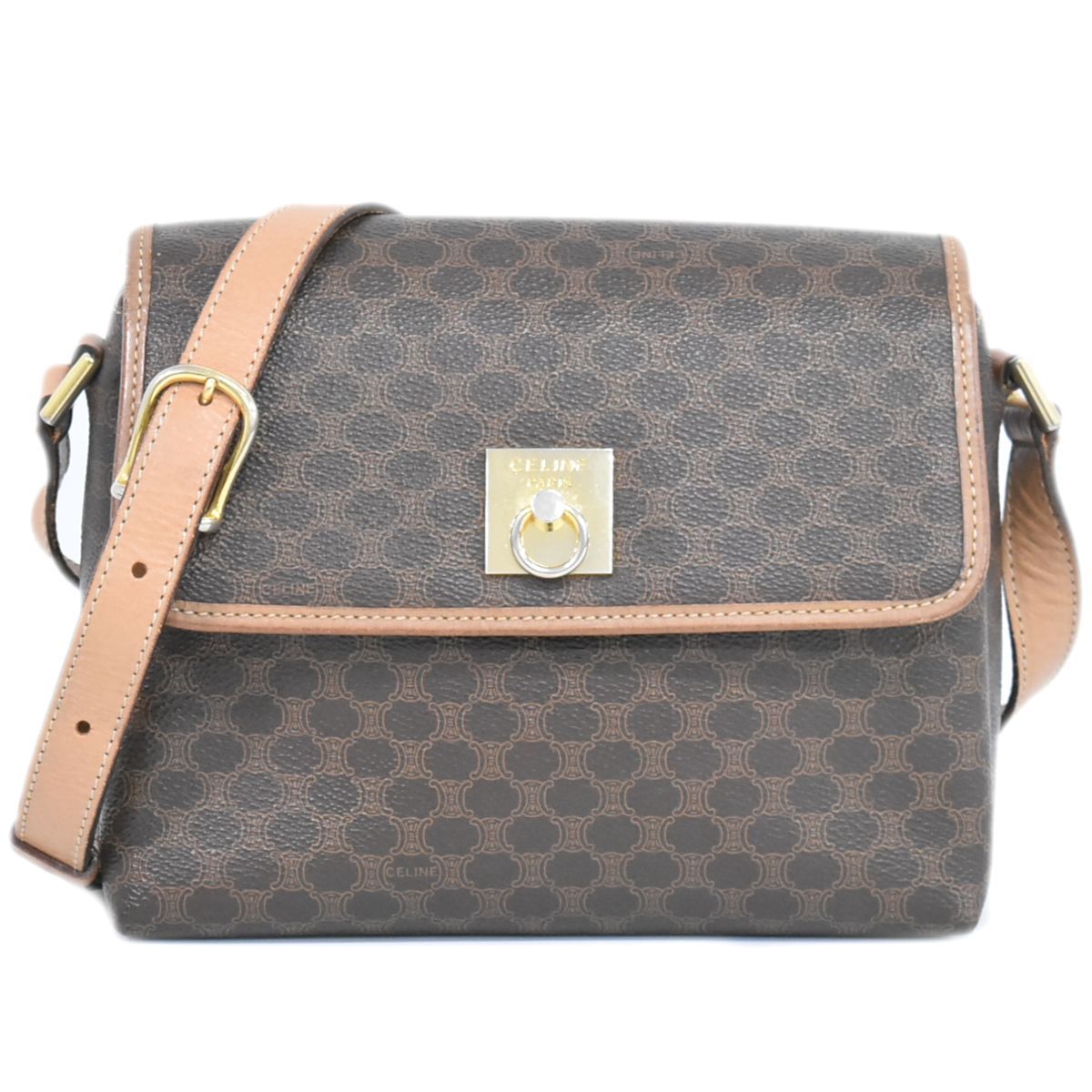 本物 セリーヌ CELINE マカダム ショルダーバッグ ポシェット PVC ブラウン Macadam バッグ  【フォロー割】