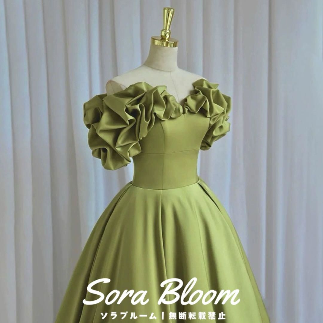 シンプルオシャレなフリルのオフショル イブニングドレス♩.• 新品 未使用】シンプルオシャレなフリルのオフショル イブニング