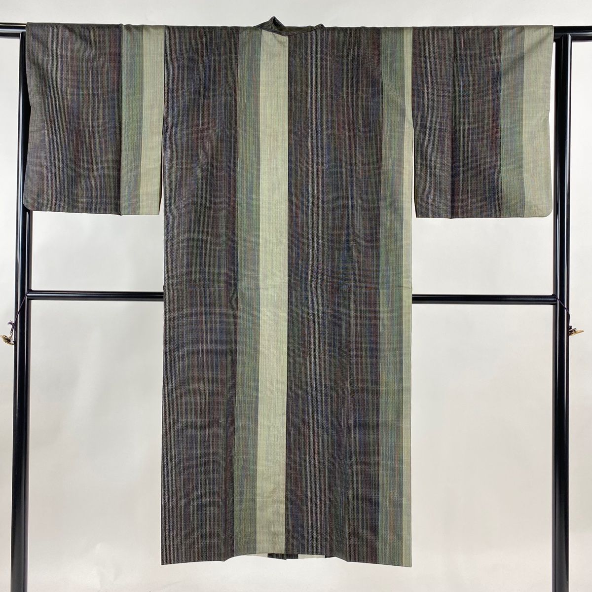 道中着 身丈129cm 裄丈64cm M 紬地 縞 深緑 正絹 名品