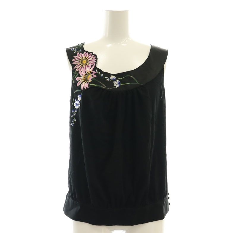Vivienne Tam ノースリーブトップス 花柄刺繍 パワーネット 黒 ヴィヴィアンタムVIVIENNE TAM フラワー刺繍パワーネット切替