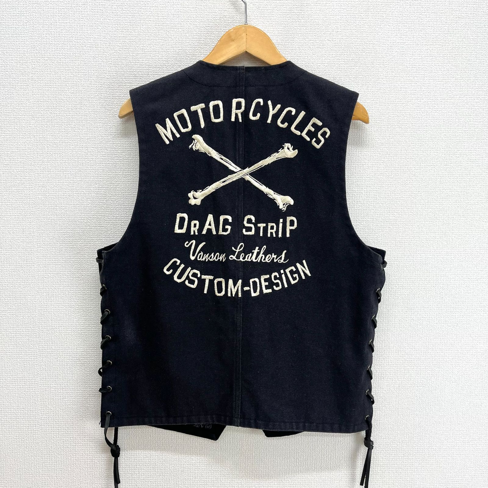 VANSON バンソン ダック地 ベスト モータサイクル 刺繍 クロス