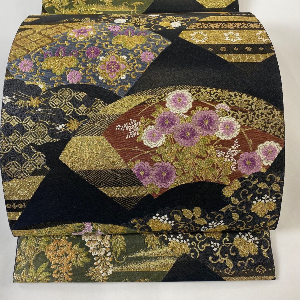 H-648 袋帯 正絹 お太鼓柄 金糸 箔 華模様 花丸模様 扇柄 金 H-648 袋帯 正絹 お太鼓柄 金糸 箔 華模様 花丸模様 扇柄 金