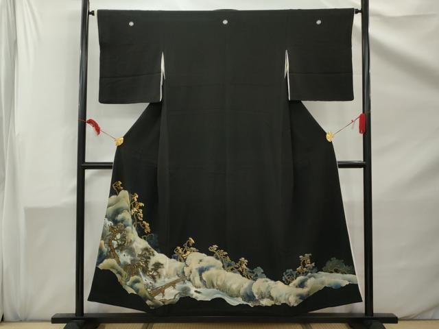 平和屋着物▽本塩沢 訪問着 単衣 斜線文 黒地 正絹 逸品 DAAV5656az