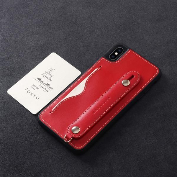 HANATORA iPhone Xs/X グリップケース レザー 本革 ストラップ付属 カード収納 レッド