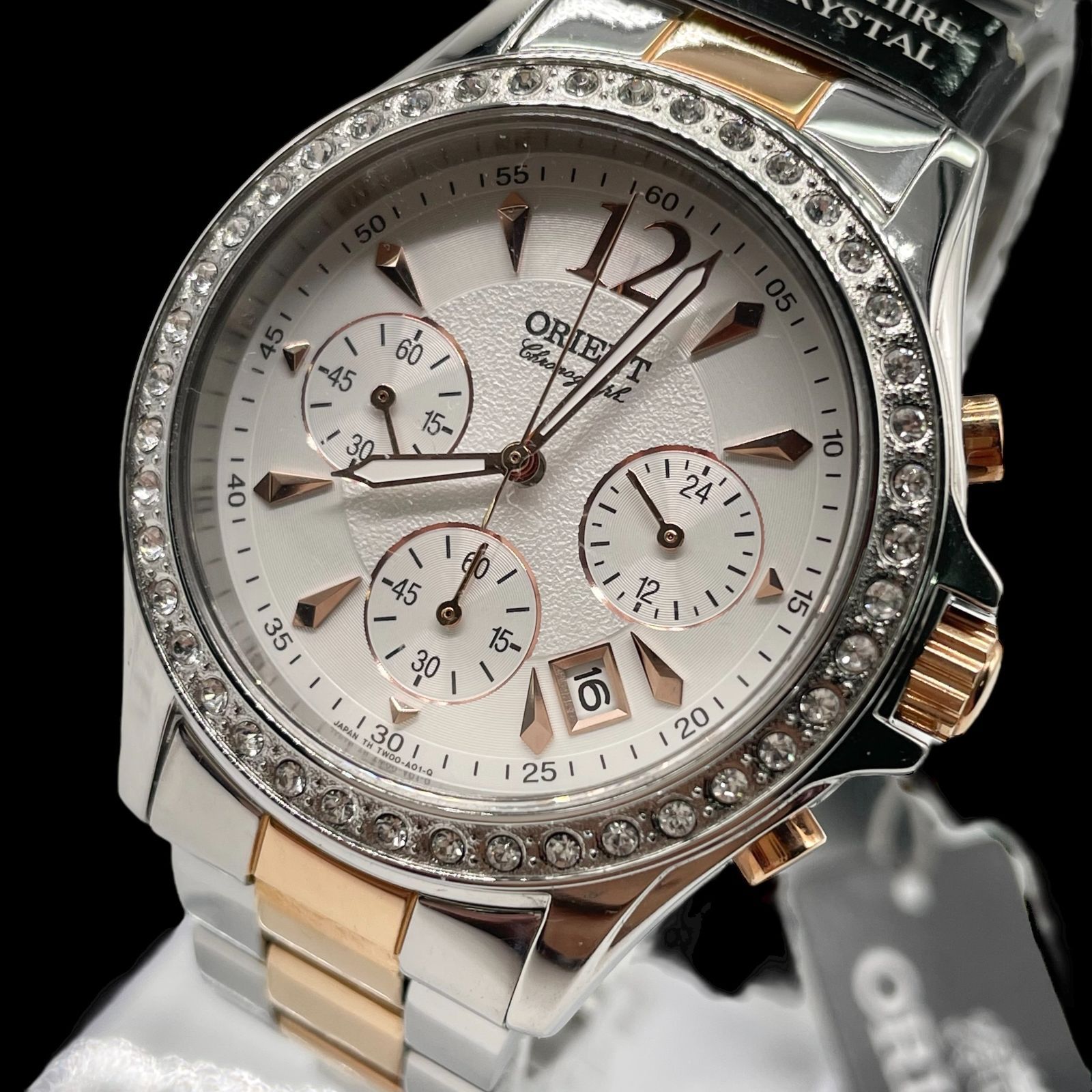 電池稼働品 ORIENT オリエント STW00003W0 クロノグラフ コンビ 白文字盤 SS シルバー ピンクゴールド メンズ腕時計 サファイアクリスタルガラス