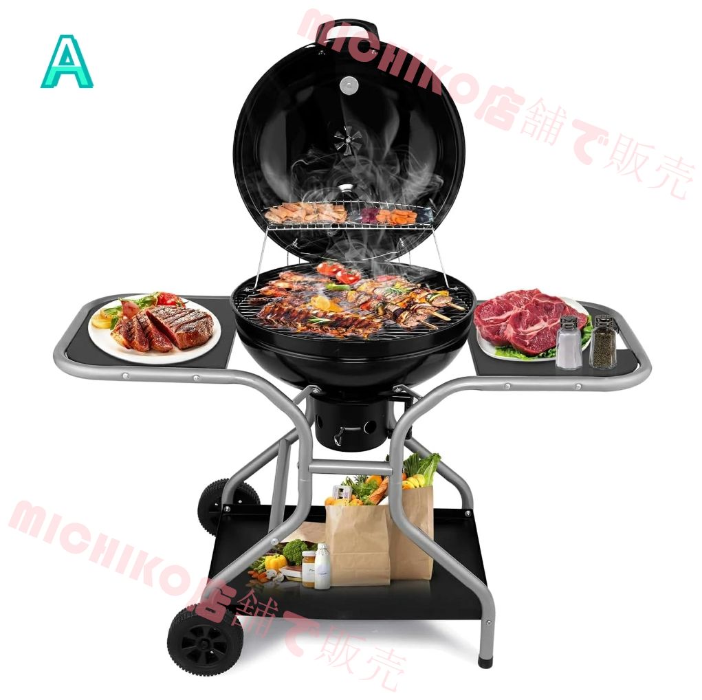 バーベキュー コンロ 大型 丸型 bbqグリル 直径55cm 8-10人用 炭コンロ 温度計 キャスター 蓋 取り外し な灰皿 ステンレス製 蒸し焼き|燻製 キャンプ用 自立型 移動が簡単 アウトドア 焚火台 キャンプ用品