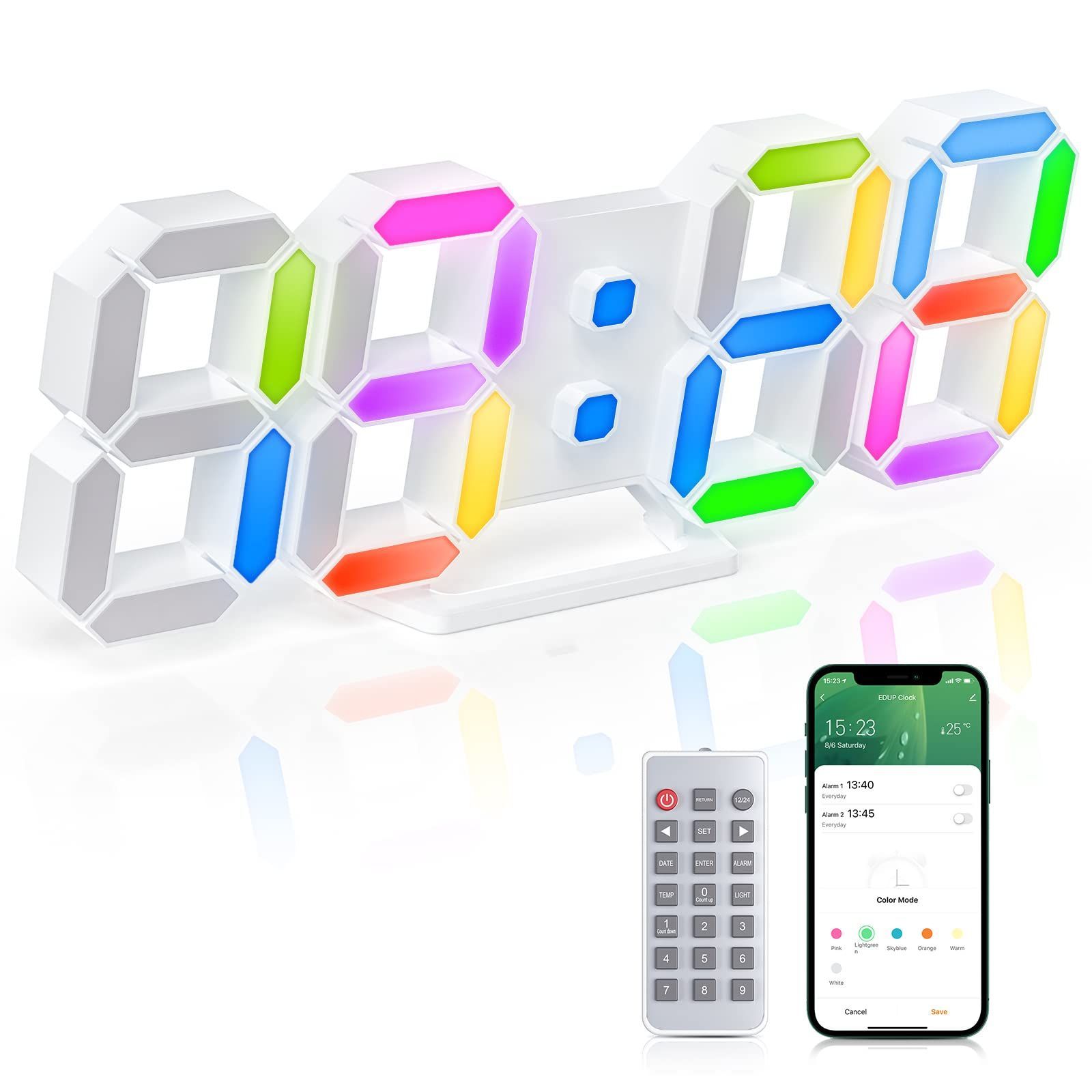 3Dデジタル目覚まし時計7色 APP/リモートコントロール 9.7インチLED壁掛け時計デスクアラームクロック寝室用タイマー付き 4段階の明るさ/夜間ライト/時間/日付/温度表示