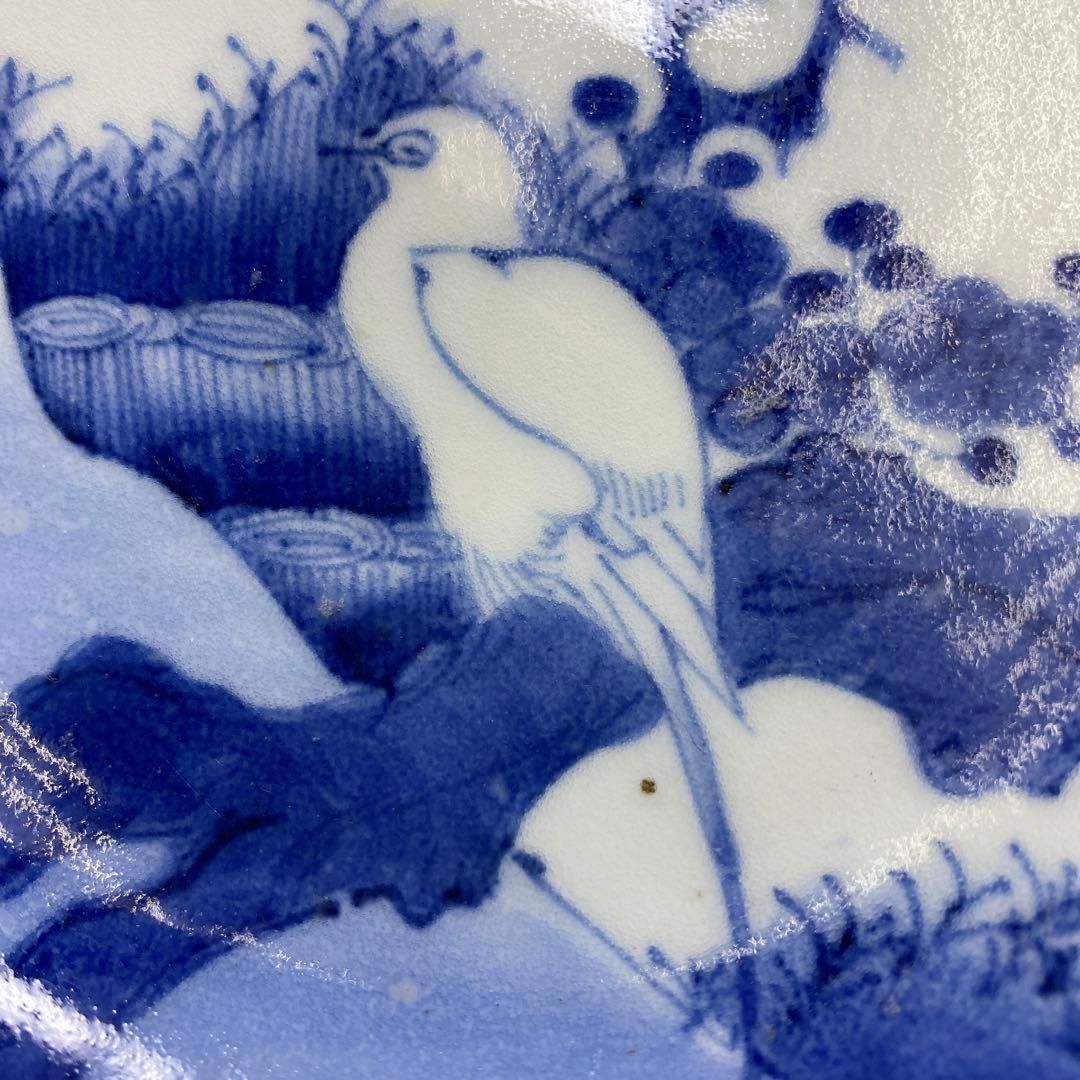 江戸中期　藍九谷上手鷺の図中皿　木箱付　幅約14.5㎝　東Y6-0910☆2F 江戸中期 藍九谷上手鷺の図中皿 木箱付 幅約14.5㎝ 東Y6-0910☆2F