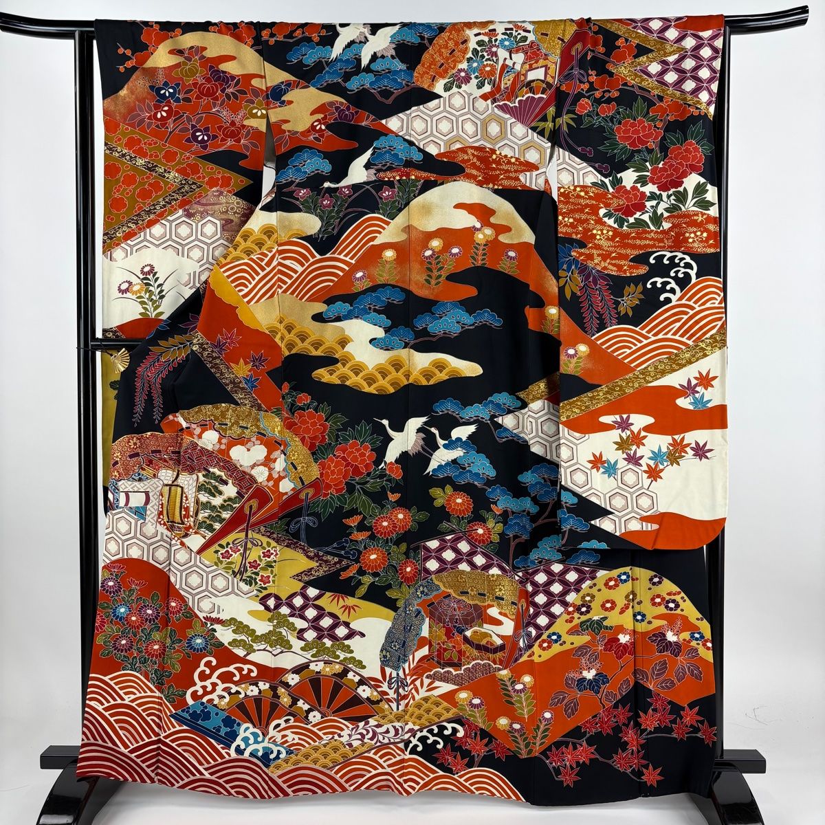 振袖 身丈164.5cm 裄丈64cm M 袷 檜扇 御所車 金糸 金彩 黒 正絹