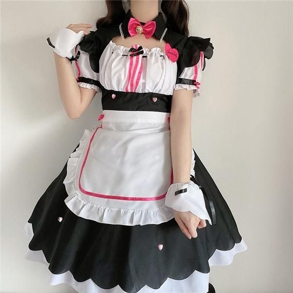 コスプレ衣装 メイド服 レディース 5点セット ワンピース フロントカットアウト 半袖 ハロウィン衣装 ウェイトレス ハロウィーン ゴスロリ