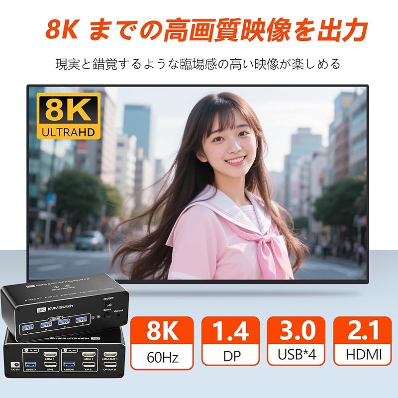新着商品 8K HDMI Displayport 同時出力 KVM 切替器 SW622Y 2PC 切替 入力装置 PC PS5 PS4対応 4K 144Hz デュアル モニター HDMI DP 2入力2出力 USB 3.0 KVM スイッチャー USB 1