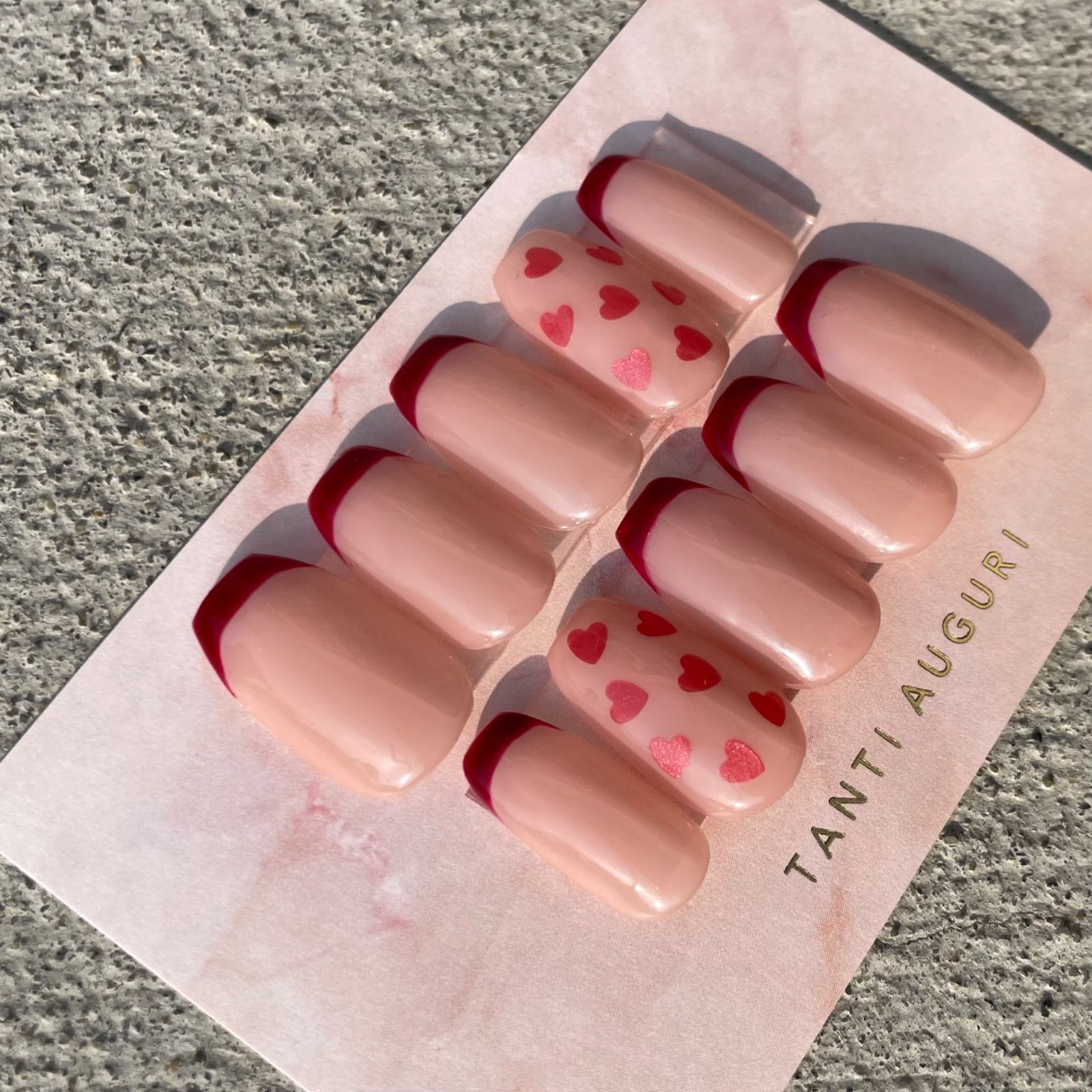 No.4] サイズオーダー◎｜赤フレンチネイル｜ハートネイル - メルカリ 