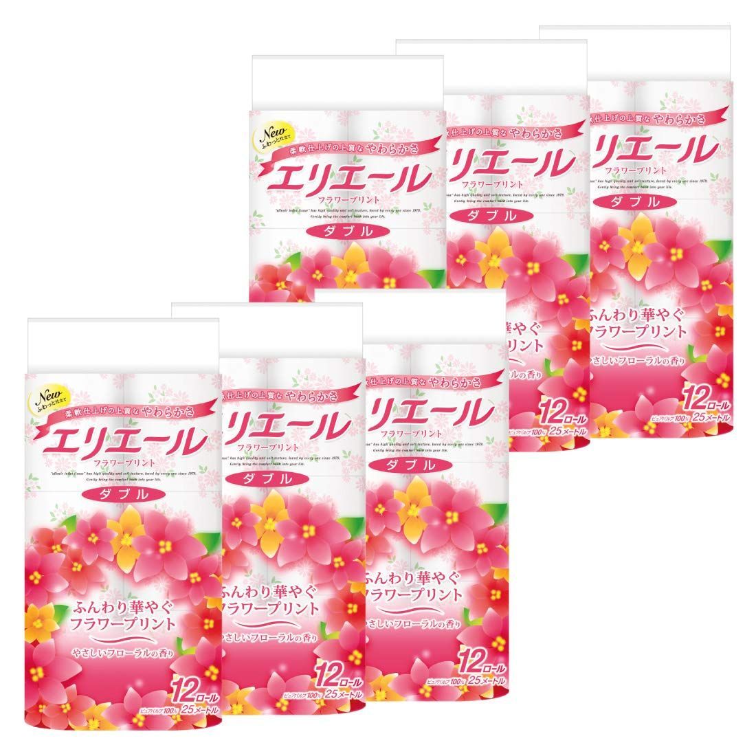 数量 パルプ ダブル 優雅な花の香り 25m×72ロール 12ロール×6パック フラワープリント ケース販売 トイレットペーパー エリエール