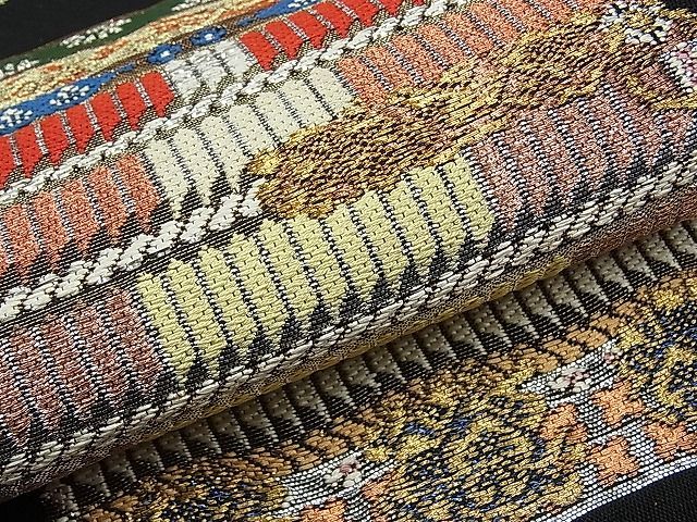 平和屋本店□極上 六通柄 本袋帯 龍村平蔵柄 威毛錦 黒地 金銀糸 逸品  