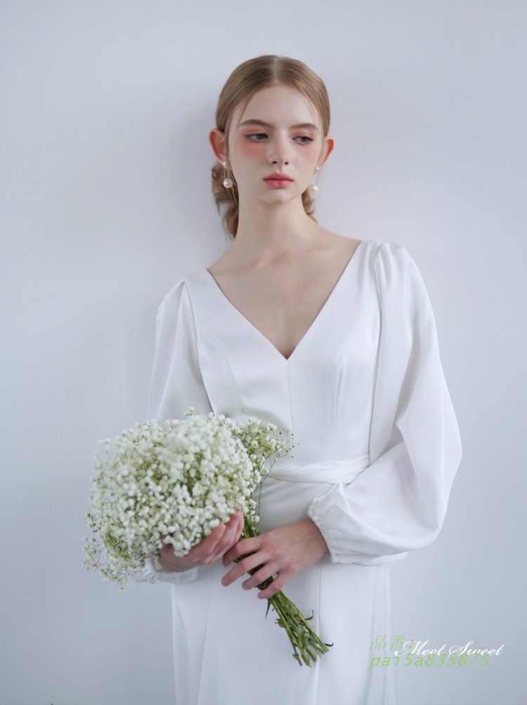 ウェディングドレス ロングドレス マーメイドドレス スレンダードレス 長袖 Vネック 前撮り ブライダル シンプル 二次会 花嫁 ウエディングドレス 結婚式 pai5a835875