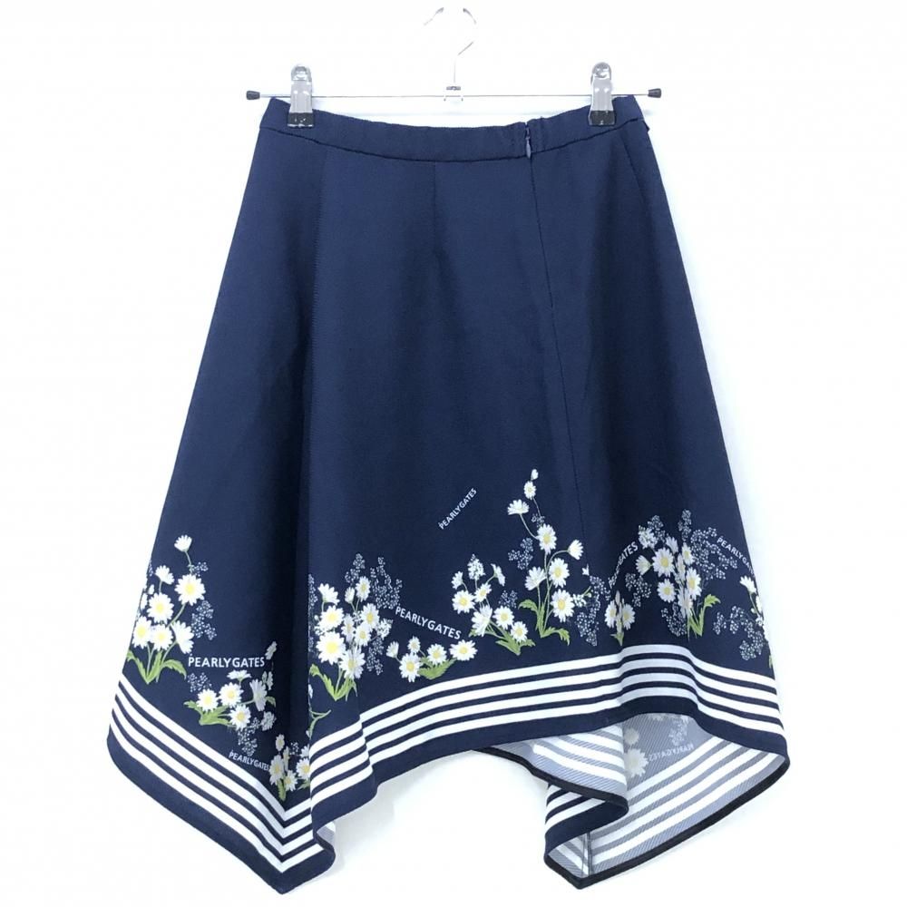 超美品】パーリーゲイツ スカート ネイビー×白 裾花柄 ライン