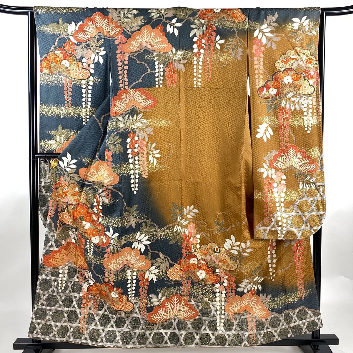 振袖 身丈159cm 裄丈63.5cm S 袷 笠松 籠目 金糸 金彩 青緑 正絹 名品
