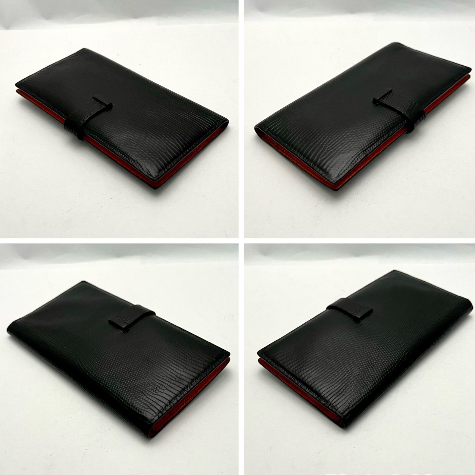 HERMES エルメス ベアン リザード 黒×オレンジ バイカラー