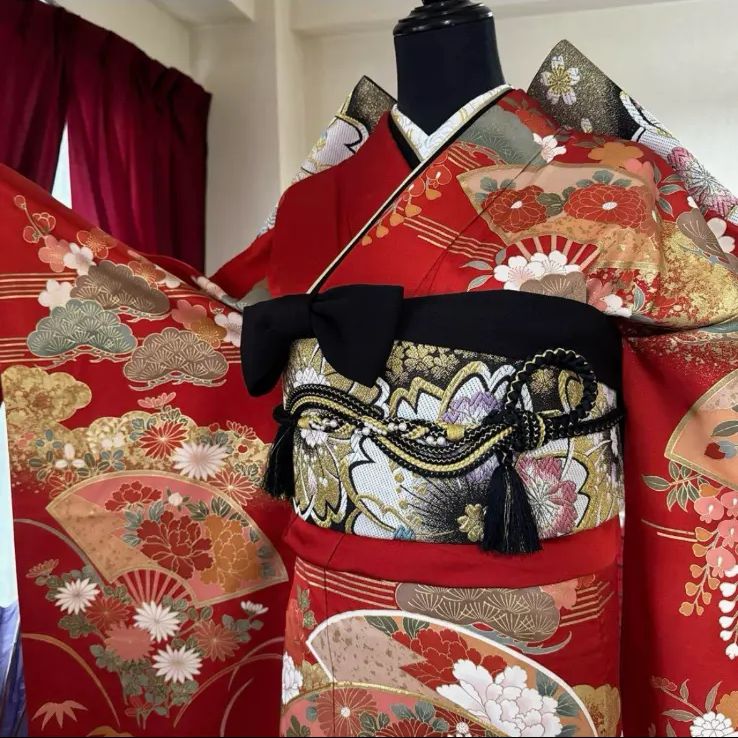 振袖フルセット(7点)・古典柄・金駒刺繍・扇・牡丹・そごう百貨店扱・正絹 振袖フルセット(7点)・古典柄・金駒刺繍・扇・牡丹・そごう