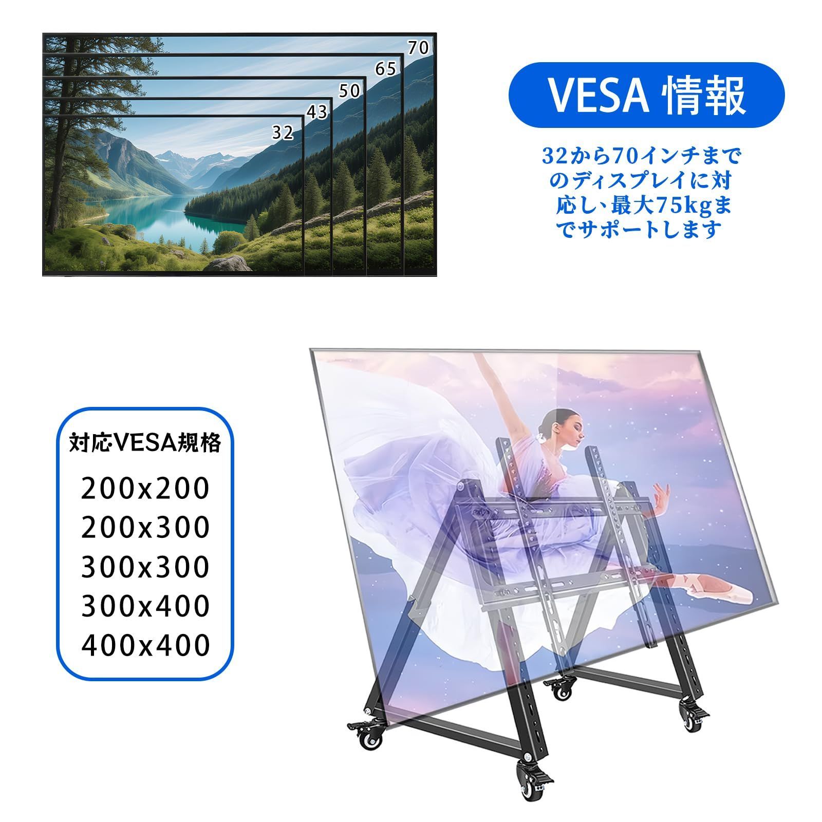 卓上テレビスタンド お年寄りの贈り物 ロータイプ 壁寄せ キャスター付き 32-70インチ LED液晶テレビ対応 角度調節 NODIBRO 移動式三角台 移動式 自立型 TVスタンド VESAは100 100から400 400mm 業務用 会社用 MEBLE-SODAR_PL