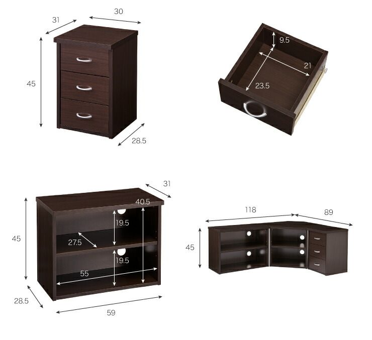 コーナー型木製テレビ台 引き出し付き 完成品 引き戸 伸縮テレビ台 / スライド テレビボード ローボード