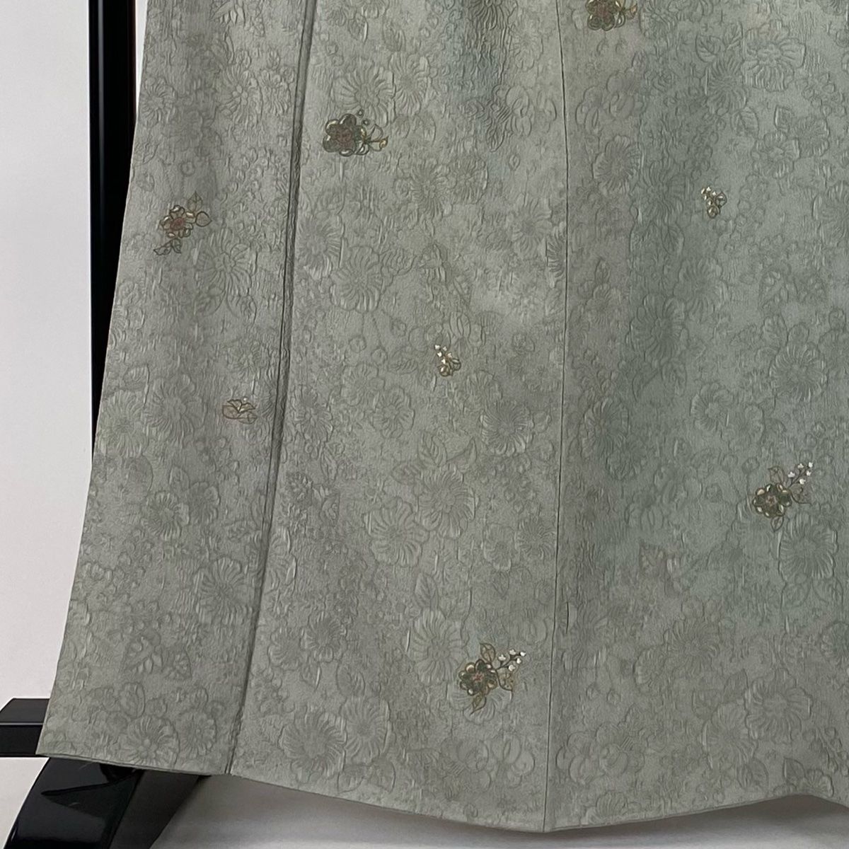 小紋 身丈162.5cm 裄丈65.5cm M 袷 辻が花柄 刺繍 灰緑 正絹 秀