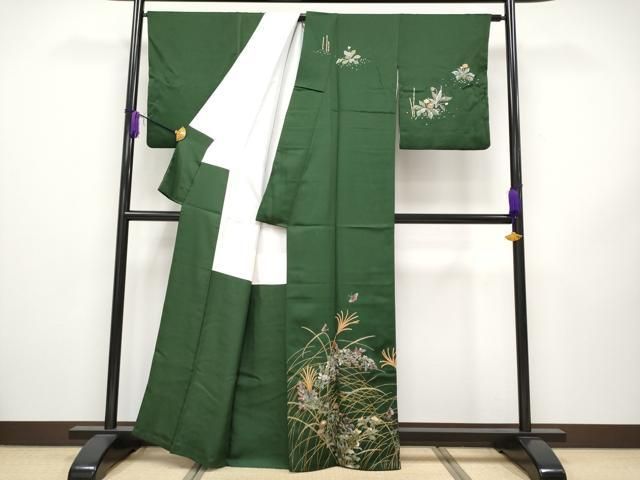 平和屋本店□極上 訪問着 総刺繍 花蝶文 金糸 千歳緑色地 逸品