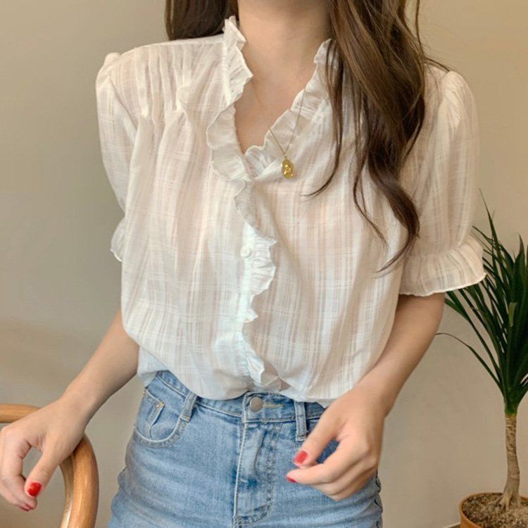 ブラウス レディース 40代 春夏 オシャレブラウス 白 韓国風 半袖トップス フレアVネック tシャツ パフスリーブトップス 薄手 ゆったり 体型カバー 通勤トップス ブラウス レディース 40代 春夏 オシャレブラウス 白 韓国風