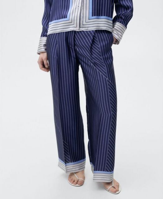 【送料無料】 マンゴ レディース カジュアルパンツ ボトムス Women's Combined Stripes Satin Pants Blue