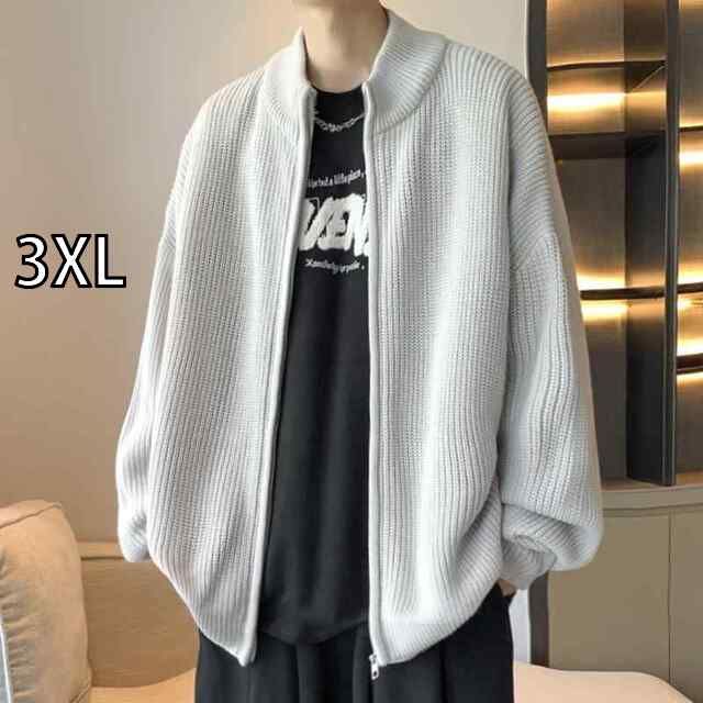 [3XL ]秋冬 メンズ  服 シンプル ファッション オシャレ 大人 かっこいい 大きいサイズ ストリート 紳士服 ジッパー スタンドカラー セーター ジャケット グレー ニット カーディガン 秋冬 