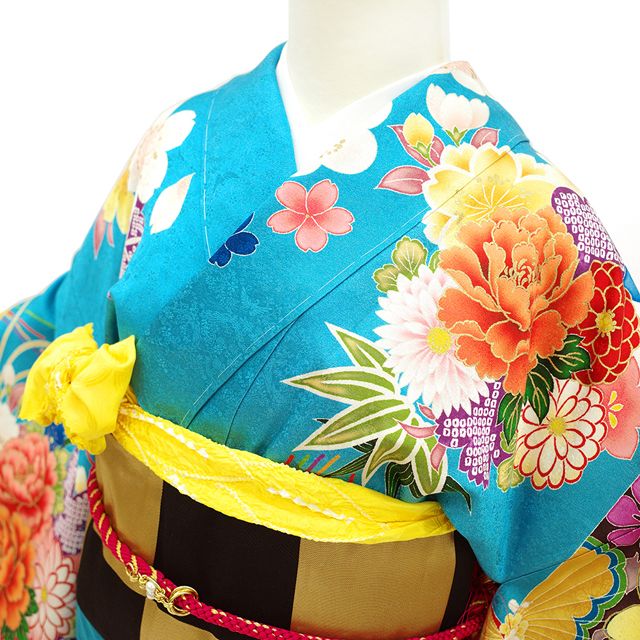 新品】 振袖 袷 着物 襦袢 セット 丸紅 ブランド 金駒刺繍 ターコイズ