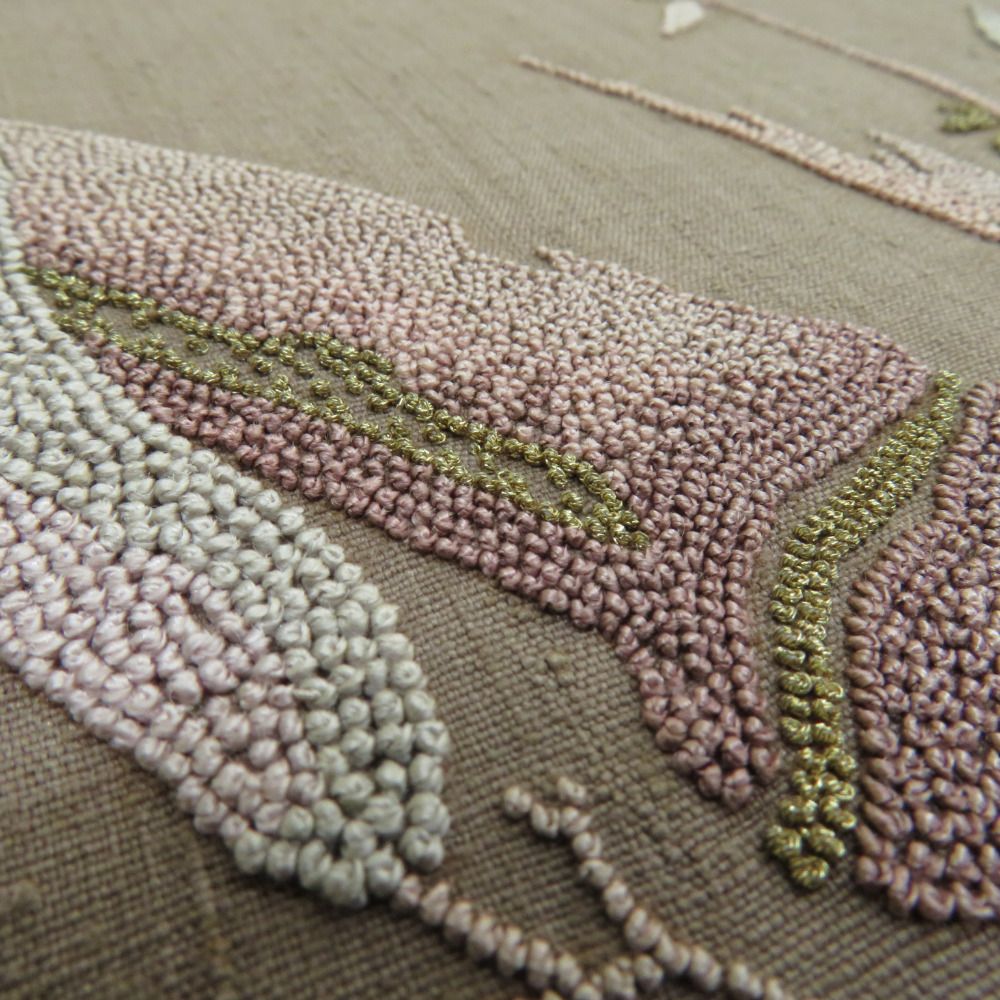 袋帯 洒落袋帯 さがら刺繍 竹文様 お太鼓柄 茶色 紬地 正絹 長さ456cm