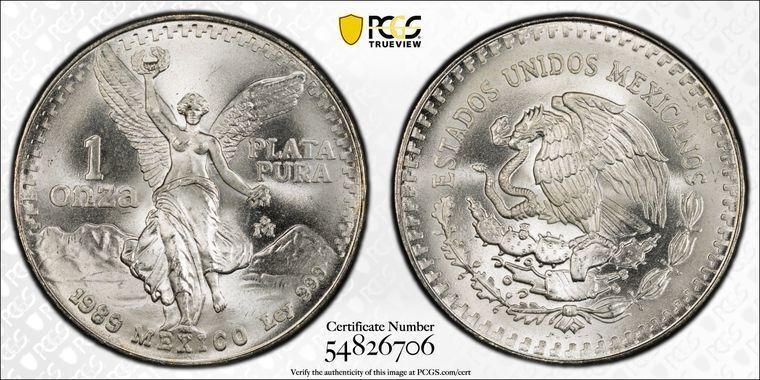 1989 Mo PCGS MS68 w|o Dot - MEXICO - 1 oz Silver Libertad Onza Coin
