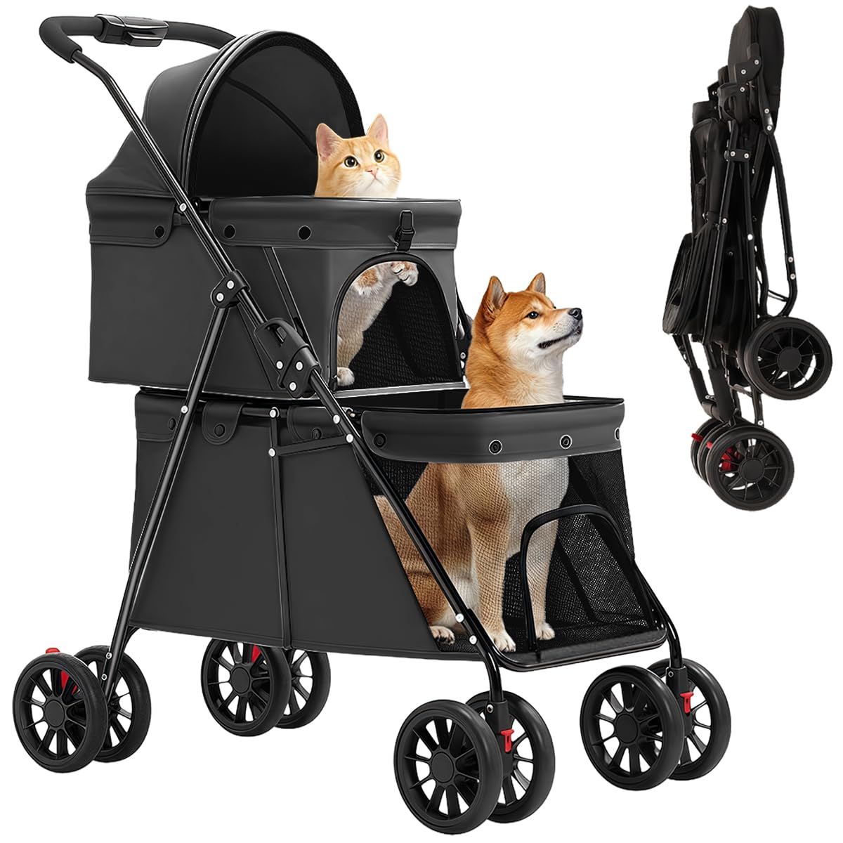 衝撃吸収 コンパクト キャスター付き 使用簡単 収納便利 通気 軽量 散歩 ワンタッチ折畳 耐荷重約25kg 買い物 バギー 犬 旅行 高さ95cm 広い空間 犬猫兼用 2段式 犬用カート 日本語説明書付き ブラック ペットカート EastEami