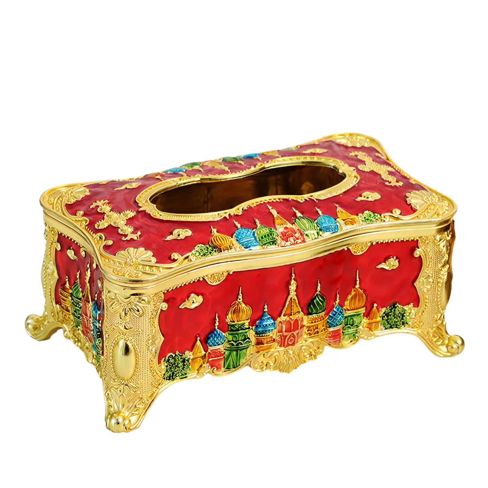 新品 Charmoon ティッシュケース ティッシュボックス 城 ヨーロピアン ゴージャス エレガント おしゃれ ゴールド シルバー 豪華 高級 アンティーク 卓上 (レッド+カラフルゴールド)