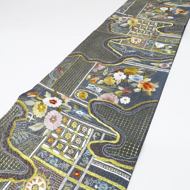 スワトウ　帯 袋帯 中古 汕頭刺繍 スワトウ 中国三大刺繍 花模様 金通し 六通