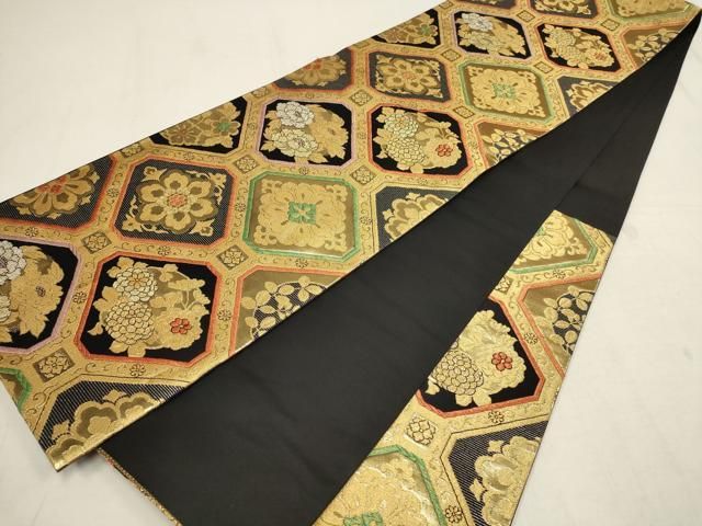 平和屋着物▽六通柄袋帯 プリンセス 蜀江草花文 黒地 金銀糸