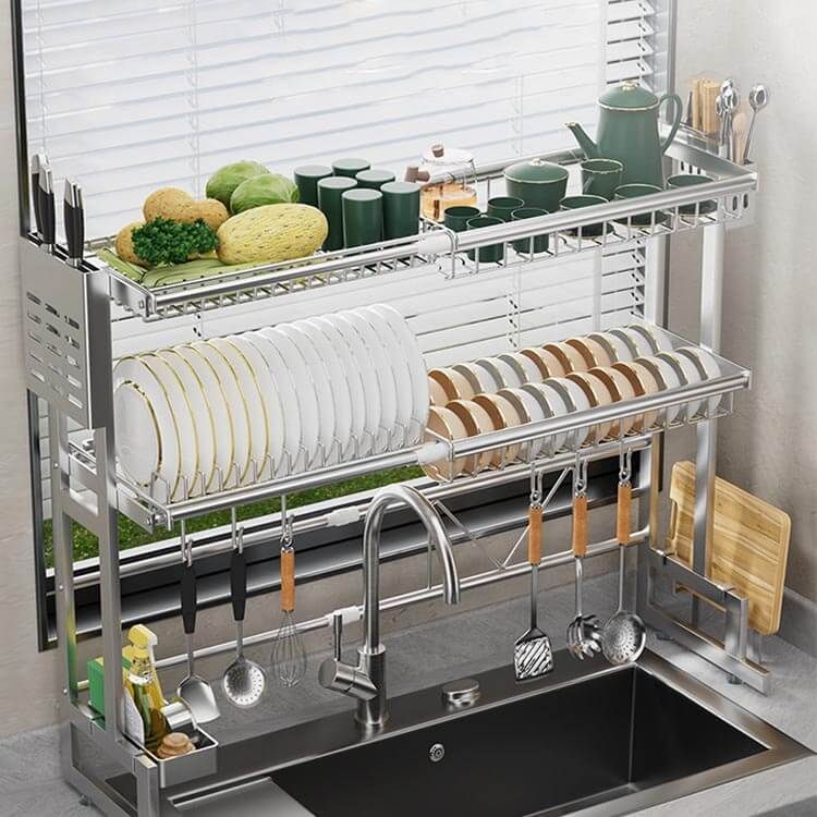 スリム シンク上 大容量 棚 ２段 包丁立て シンクサイド 横 渡し 伸縮 水切りラック 食器 ステンレス フック付き 皿 箸立て まな板立て スペース広がる 乾燥 ディッシュラック キッチン ラック conne599535