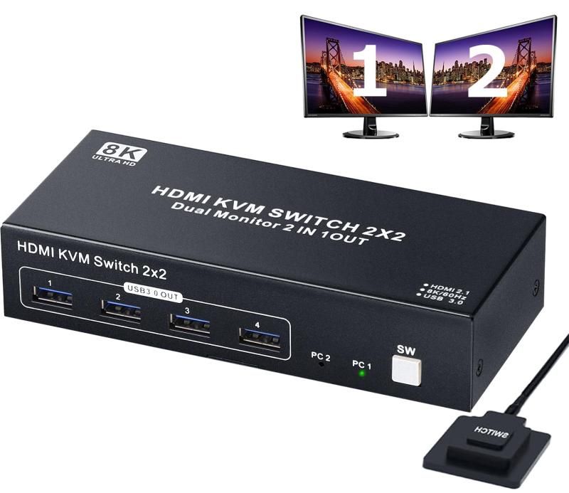 ELEVIEW デュアル モニター KVMスイッチ HDMI 切替器 パソコン PC 2台 8K 4K 120Hz HDMI2.1 2入力2出力 2モニター USB 3.0ハブ キーボード|マウス|モ