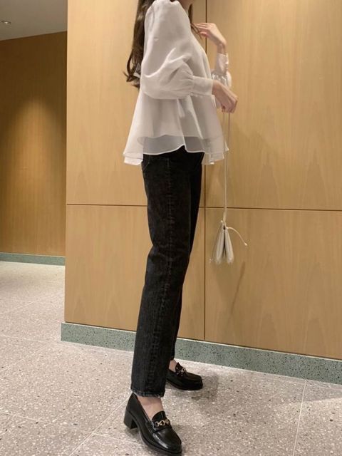 トップス シャツ ブラウス シフォンシャツ 袖あり 長袖 パフスリーブ