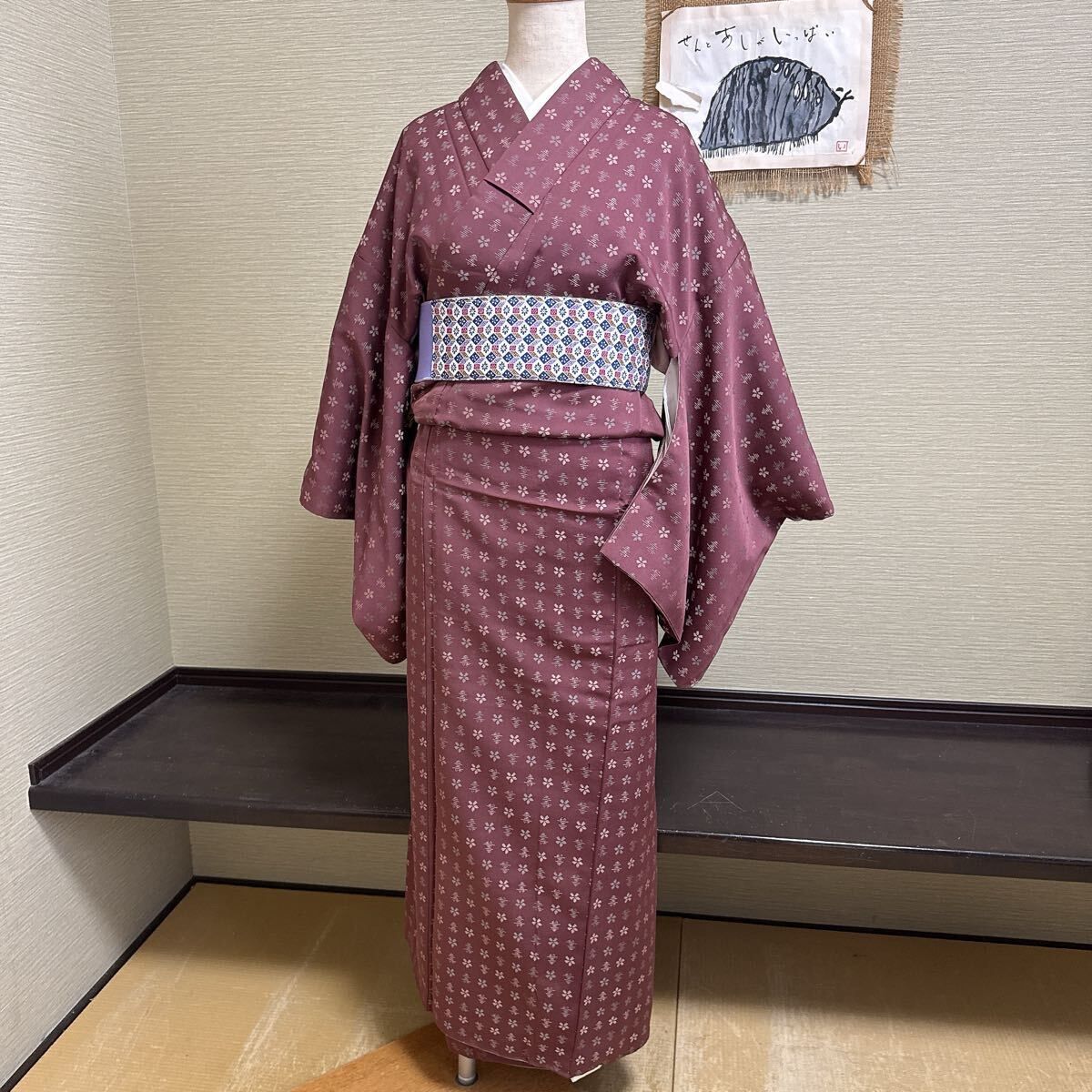 銘仙 袷 希少 高級品 鮮やか 赤紫 井桁絣模様 アンティーク着物